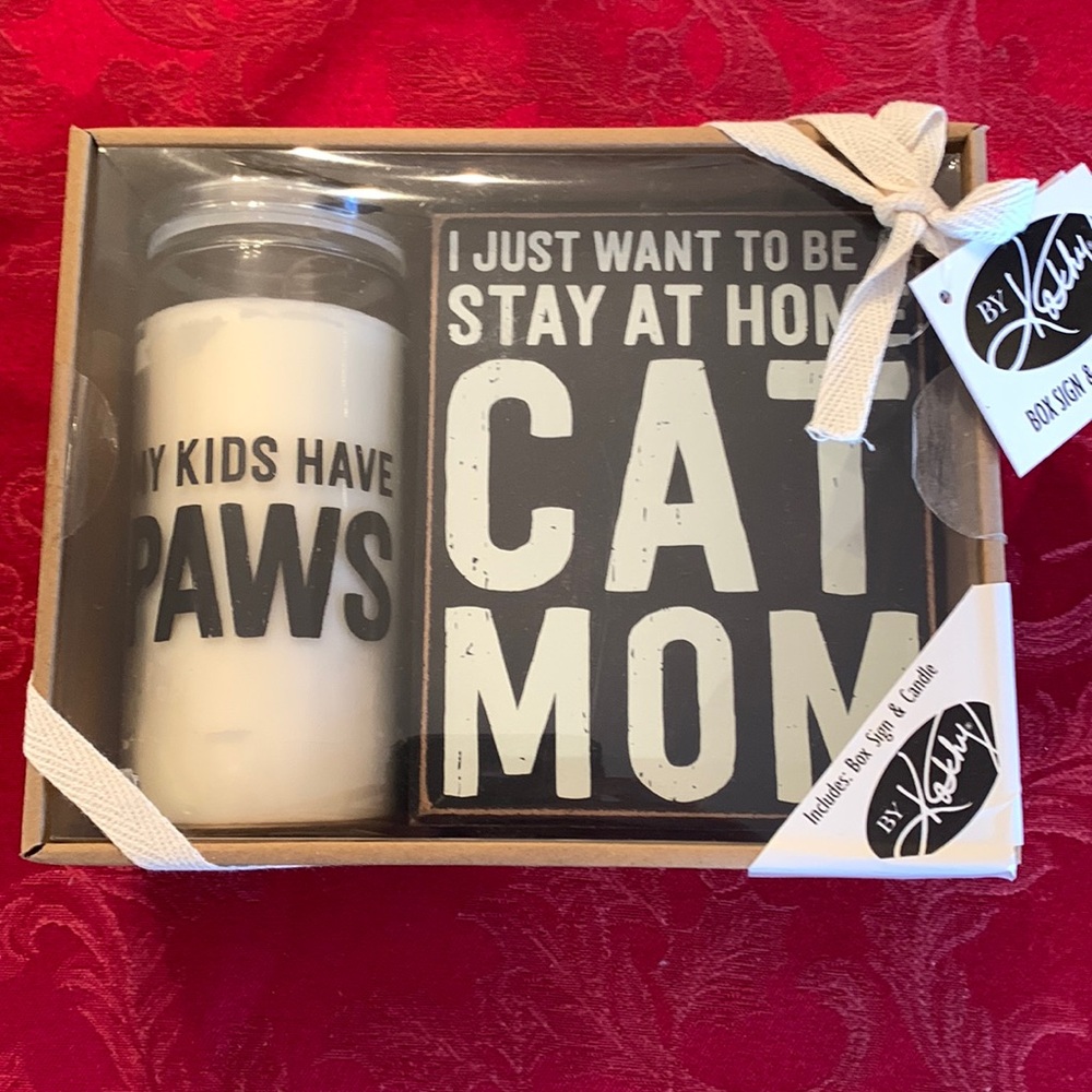 Cat Mom box sign and candle set